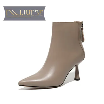 

MLJUESE 2021 women Ankle boots Cow leather Winter short plush Pointed Toe Zipper High heels female boots size 40