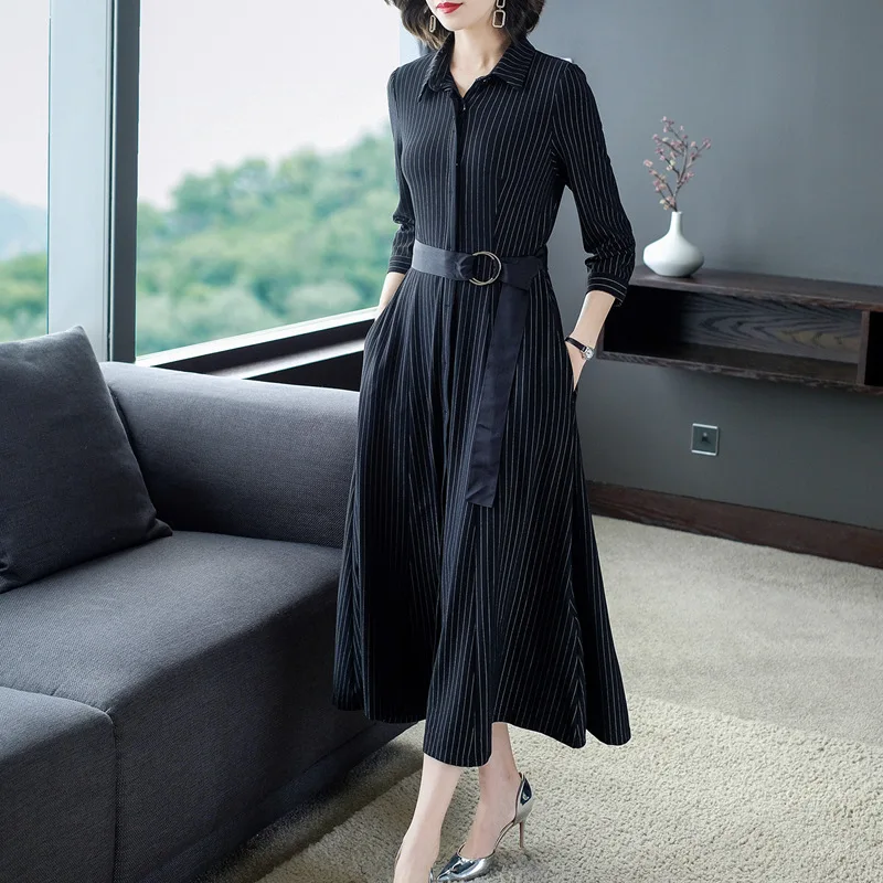 

Photo Shoot High-End Western Style Early Autumn 2019 Long Kuotaitai Stripes Shirt Dress Women's Sense of Design Non-mainstream