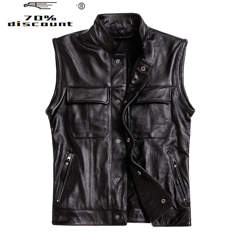

Genuine Leather Vest Men Real Cowhide Coat Motorcycle Jacket Man Vests Male with Many Pockets Leather Jackets L-M-3 2009