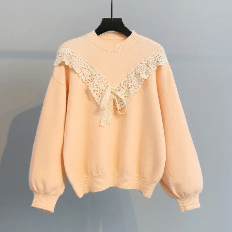 orange Neploe Pull Femme, кружевной лоскутный свитер для женщин, корейская мода, галстук-бабочка, новинка, Pull Jumpers, женские пуловеры с круглым вырезом и длинным рукавом 55593 - Цвет: orange