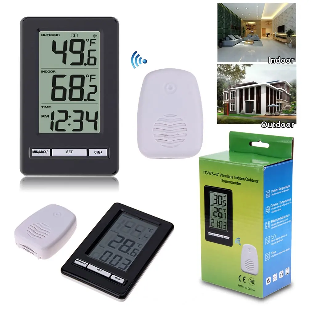 

TS-WS-47 Wireless Digital Thermometer Indoor Outdoor Thermometer Time Display Clock Table Stand Weather Station