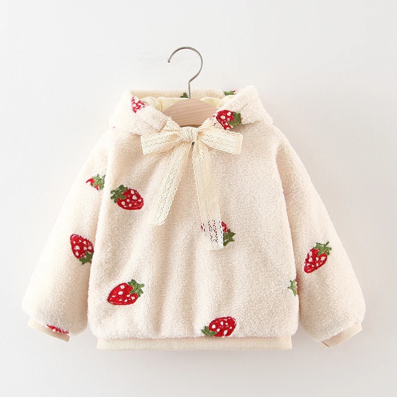 Высококачественная фланелевая зимняя хлопковая толстовка для девочек; плотная Детская футболка с вышивкой клубники; одежда для маленьких девочек - Цвет: beige