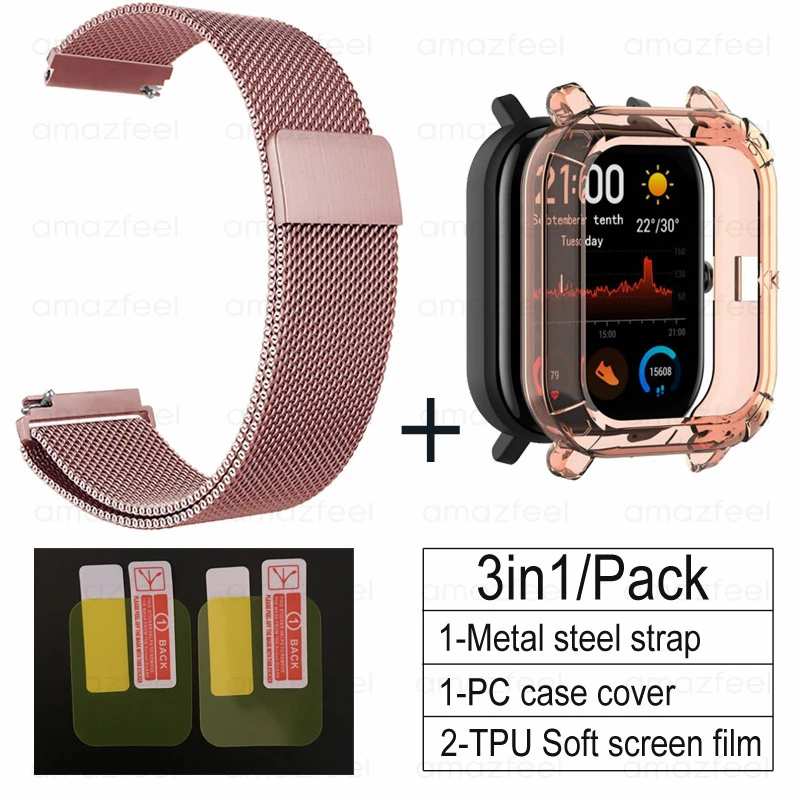 3в1 Для Amazfit GTS ремешок+ ТПУ чехол для Huami Amazfit gts Smartwatch Защитная пленка для экрана браслет ремешок на запястье - Цвет: rose pink-pink