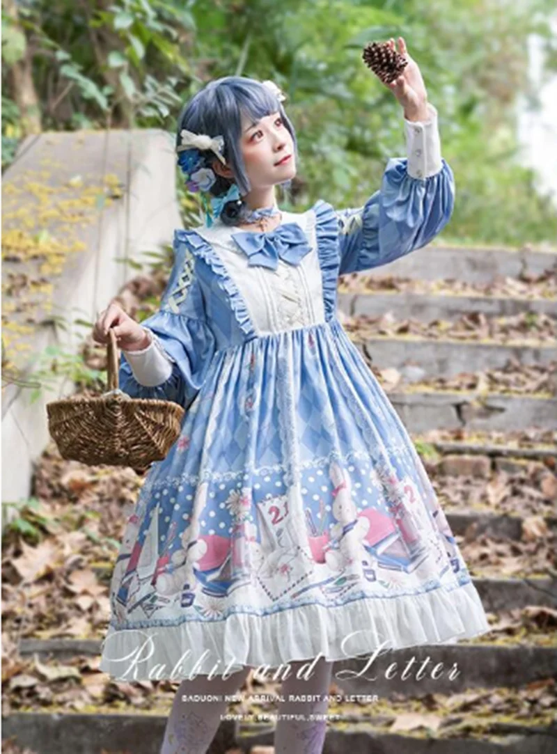 

Victoria Sweet Lolita Dress Cartoon Style Bowknot Round Collar Long Sleeve Victorian Dress sweet Kawaii Girl Lolita Op Loli Cos