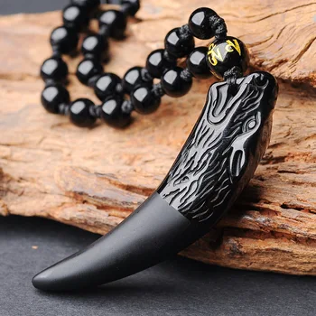

Black Obsidian Necklace Pendant Long Chinese Wolf Tooth Natural Gemstone Men Women Jewelry Mens Vintage Fashion Birthday Gift
