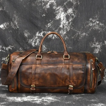 

MAHEU Soft Cowhide Pure Leather Travel Handbags For Man Fashion Retro Style Carry On Luggage Big Capcity With Shoe Compartment