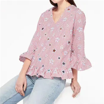 

New Women's V-neck Ruffle Blouse Embroidery Hollow Out Stars Ladies Female Butterfly Sleeves stripes Shirts And Top