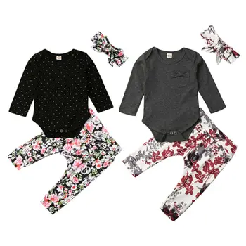 

0-18M Newborn Baby Boy Girl Long Sleeve Cotton Bodysuit Tops Floral Long Pant Trouser Headband 3PCS Baby Clothing Set