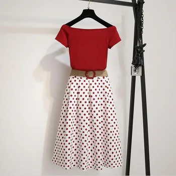 

Summer Two piece Tshirt Sets Women Off shoulder Solid Crop Tops +High Waist Dot Print A-line Skirt Suits With Free Braided Belt