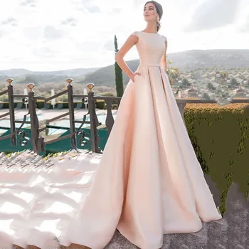 

Eightree Satin Wedding Dresses Cap Sleeve Vestido de noiva Chapel Train Appliques Bridal Gown Illusion Backless Bride Dress