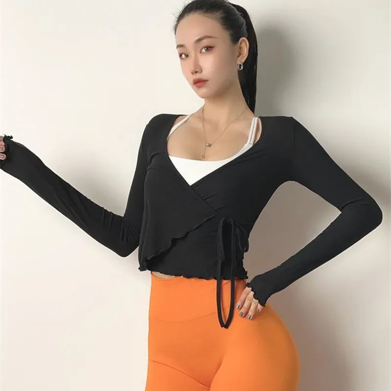 Mermaid Curve Sexy Pilates Yoga Shirt Female Long Sleeve Lace-Up Bandage Sports Tops Running Quick Dry Slim Dance Yoga Clothes