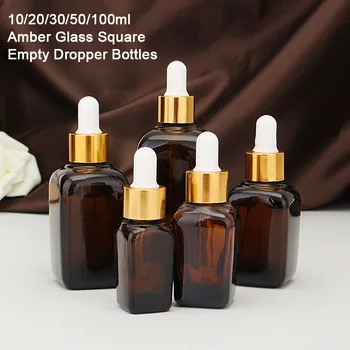 

10/20/30/50/100ml 5PCS Empty Glass Aromatherapy Bottle Containers Square Amber Essential Oils Bottle With Eye Dropper Gold Cap