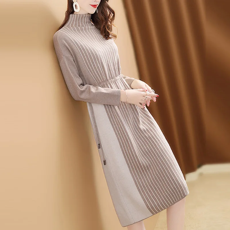 

Winter Base Dress 2018 New Style Women's Elegant Stripes Lace-up Waist Hugging Mid-length over-the-Knee Knitted Dress