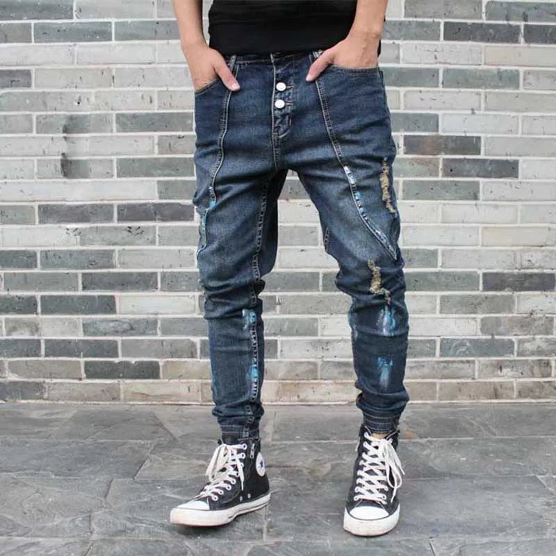 Fashion Ripped Harem Jeans Men Casual Patchwork Slim Joggers Pants Hip Hop Distressed Denim Trousers Low Crotch Man Clothing Fashion Ripped Harem Jeans Men Casual Patchwork Slim Joggers Pants Hip Hop Distressed Denim Trousers Low Crotch Man Clothing