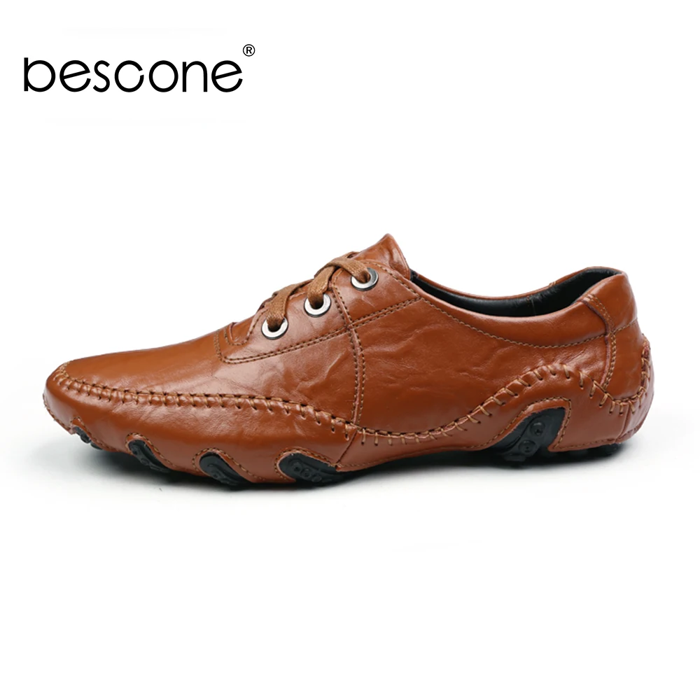 

BESCONE Fashion New Men Casual Shoes High Quality Cow Leather Lace-Up Shallow Sewing Decoration Shoes Hot Sale Casual Shoes BD10