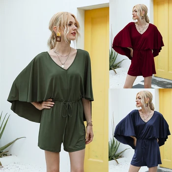 

Womens Straight Type Jumpsuit 2020 Summer New Casual Fashion Jumpsuit V-Neck Bat Sleeve Design Close Waist Siamese Shorts