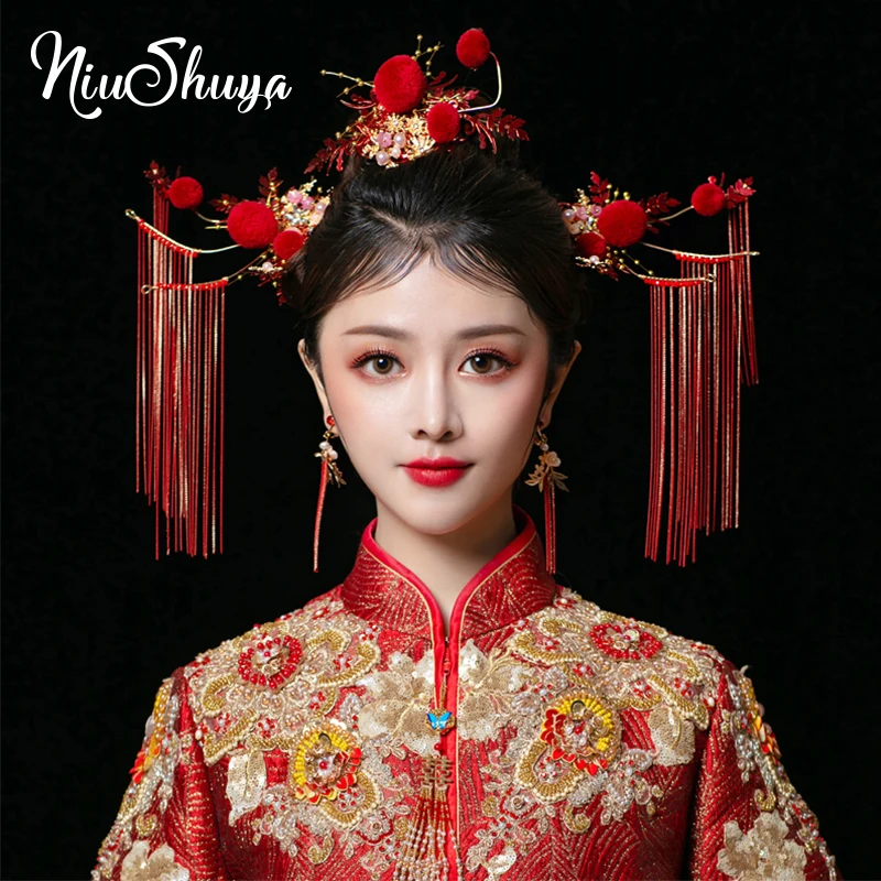 

NiuShuya NEWest Chinese Bride Xiuhe Red Pompom Headdress Wedding Costume Phoenix Crown Stage Show Long Tassel Hair Jewelry