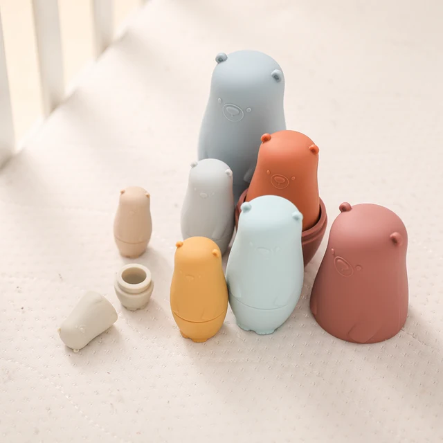 Bopoobo Baby Play Set Silicone Cartoon Bear Matryoshka Toy NO BPA Provides Baby Hand Ability DIY Educational Toys Child Gift 6