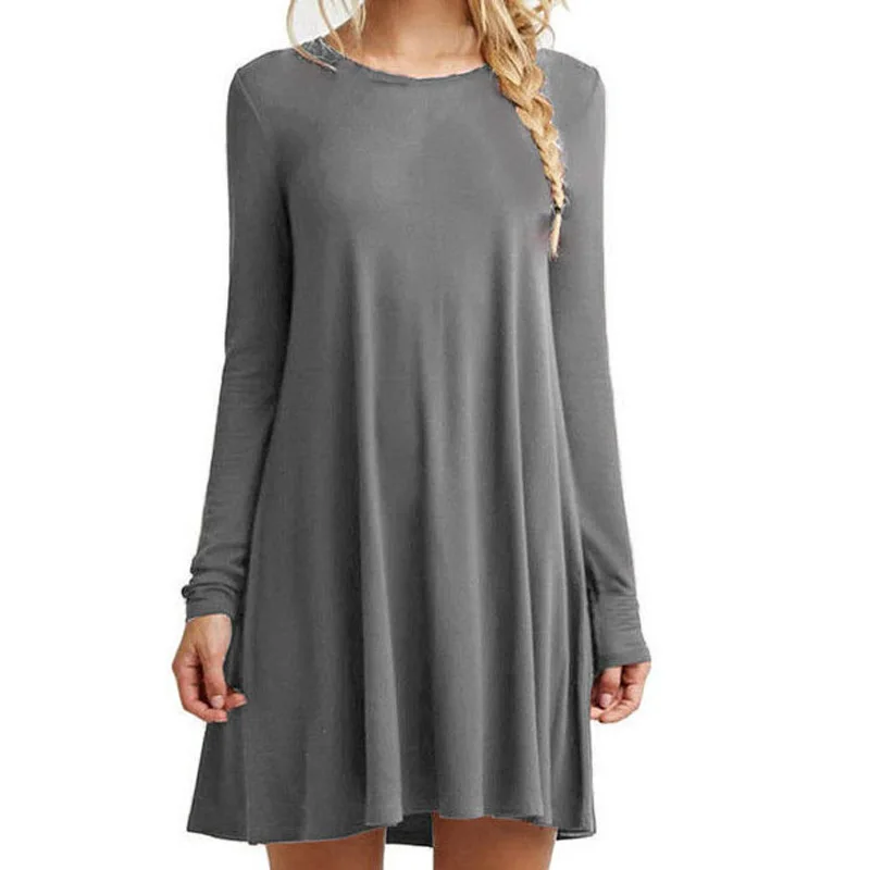 Grey Long sleeve Популярное осеннее женское платье с длинными рукавами большого размера S-2XL однотонное платье с круглым вырезом и коротким рукавом свободного покроя - Цвет: Grey Long sleeve