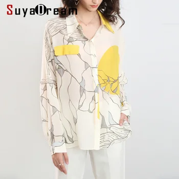 

SuyaDream Women Printed Blouses 100%Silk Crepe Full Sleeves Office Blouse SHIRT 2020 Spring Summer Elegant Top