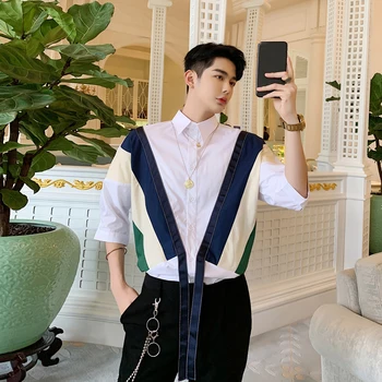 

M-2XL Men Ribbons Stripe Spliced Casual Shirts Male Streetwear Hip Hop Stage Show Harajuku Dress Shirt