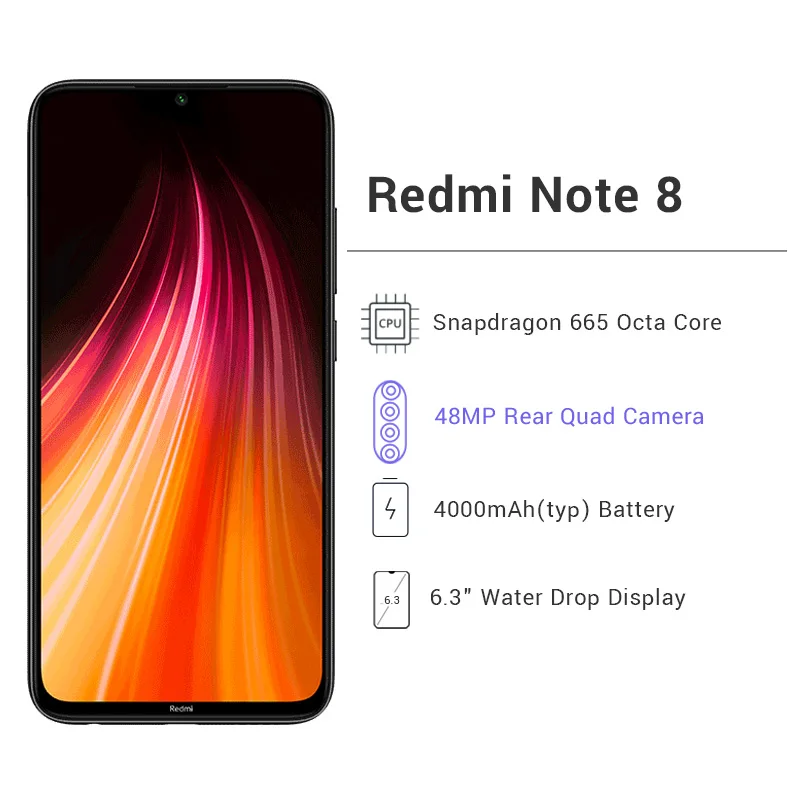 Xiaomi Redmi Note 8 с глобальной прошивкой, 6 ГБ ОЗУ, 64 Гб ПЗУ, смартфон, 48мп, четыре тыловые камеры Snapdragon 665, четыре ядра, 6,3 дюйма, FHD+ 4000 мАч