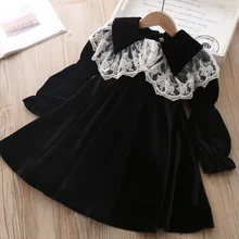 Новое весенне-зимнее платье для девочек, модное платье принцессы, детское бархатное платье с кружевным воротником