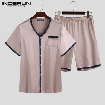 

Fashion Pajamas Sets Men Homewear Summer Soft Short Sleeve Tops Shorts Cozy Patchwork 2 Pieces Sleepwear Sets INCERUN Plus Size