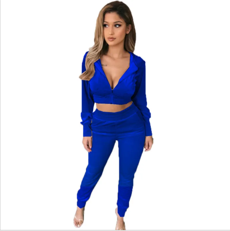 

2020 New Hooded Two Piece Set Women Autumn Outfits Solid Long-Sleeves Zipper Hoodie + HighWaist Pants Suit for Ladies Casual