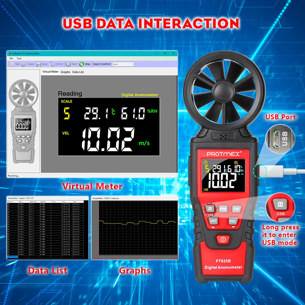 PT625B цифровой анемометр Скорость Ветра Скорость воздуха измеритель скорости с температурой влажности точки росы температуры и USB контроль данных