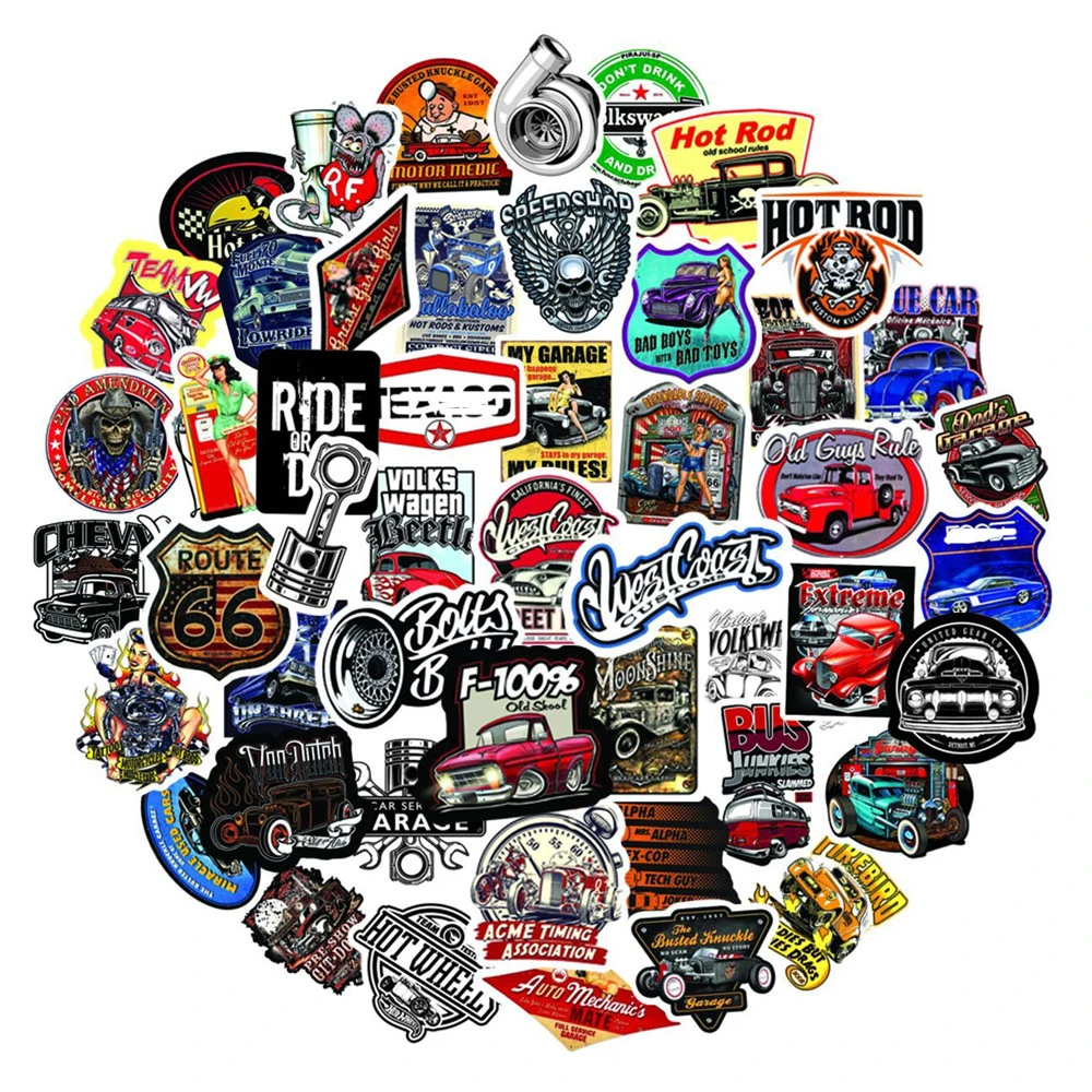 50pcs Hotrod Vintage Car Stickers For Laptop Notebook SiutCase Scrapbooking Material Christmas Sticker Craft Supplies
