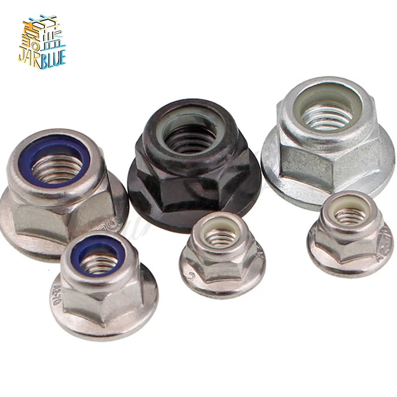 2/10X M3 M4 M5 M6 M8 M10 M12 Black Carbon 304 A2-70 Stainless Steel Hex Flange Nylon Insert Lock Nut Self-locking Nylock Locknut