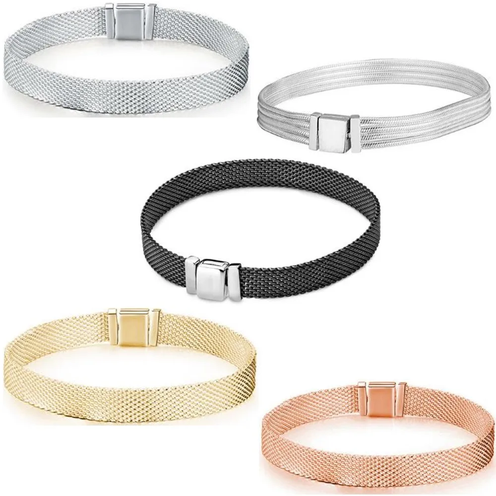 Серебряный Reflexions Черные Сетчатые Браслеты набор «сделай сам» для подвески 925 пробы Серебряная цепочка браслет Reflexions Для женщин ювелирные изделия