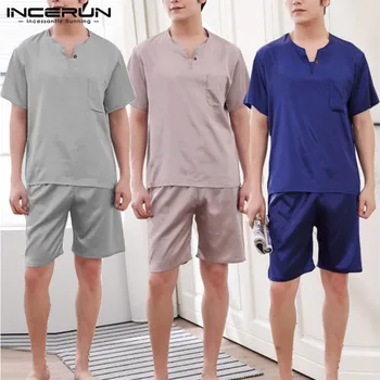 

INCERUN Men Pajamas Sets V Neck Short Sleeve Tops Comfortable Shorts Solid Color Homewear Sleepwear Sets Soft Nightwear S-5XL