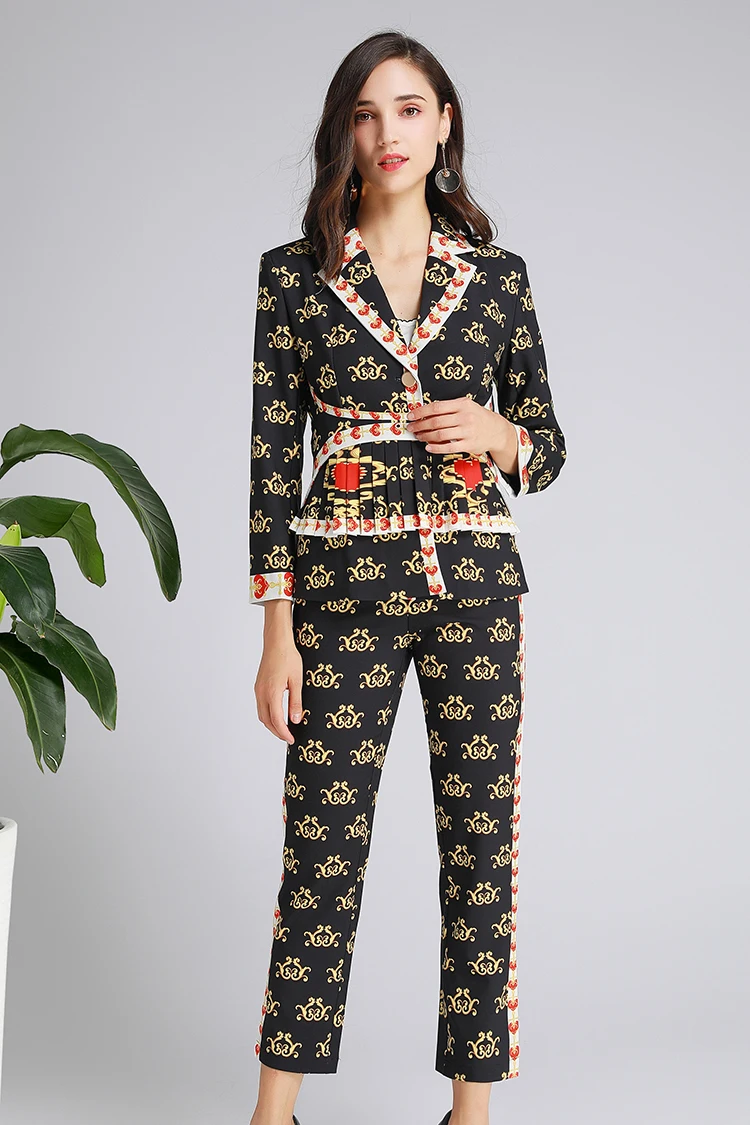 SEQINYY винтажный костюм весна осень модный дизайн Женский блейзер+ брюки до щиколотки с цветочным принтом черный комплект