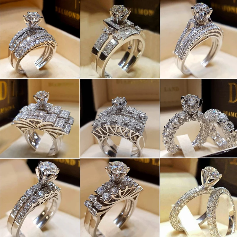 2pcs/lot Silver Double Rings Set Shiny Cubiz Zircon Stone Ring For Women Romantic Lovers Engagement Anniversary Wedding Jewelry | Украшения