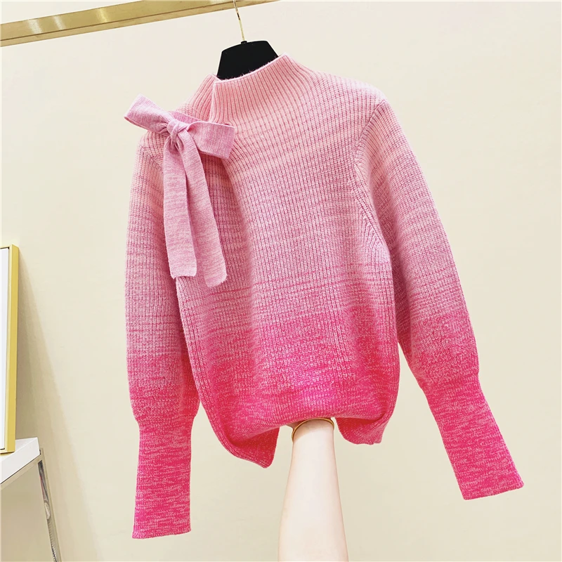 

Spring Winter Sweater Women New Sweet Gradient Lace-up Turtle-Neck Wool Sweater Spell Color Women's Sweaters Blusas Pull Femme