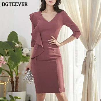 

BGTEEVER 2020 Spring V-neck Ruffles Women Dress Slim Fit Female Pencil Dress Office Ladies Package Hip Knee-length Vestidos
