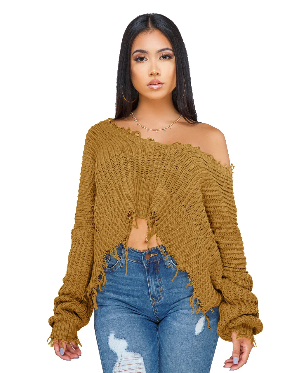 Sweater Sexy Frayed Cropped Knit 
