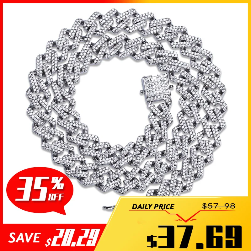 14mm Miami Prong Set Cuban Chains Necklace For Men Gold Silver Color Hip Hop Iced Out Paved Bling CZ Rapper Necklace Jewelry