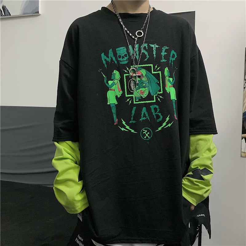 

Autumn and winter Harajuku style street hip hop cartoon alphabet printing fake two loose long-sleeved T-shirt men and women