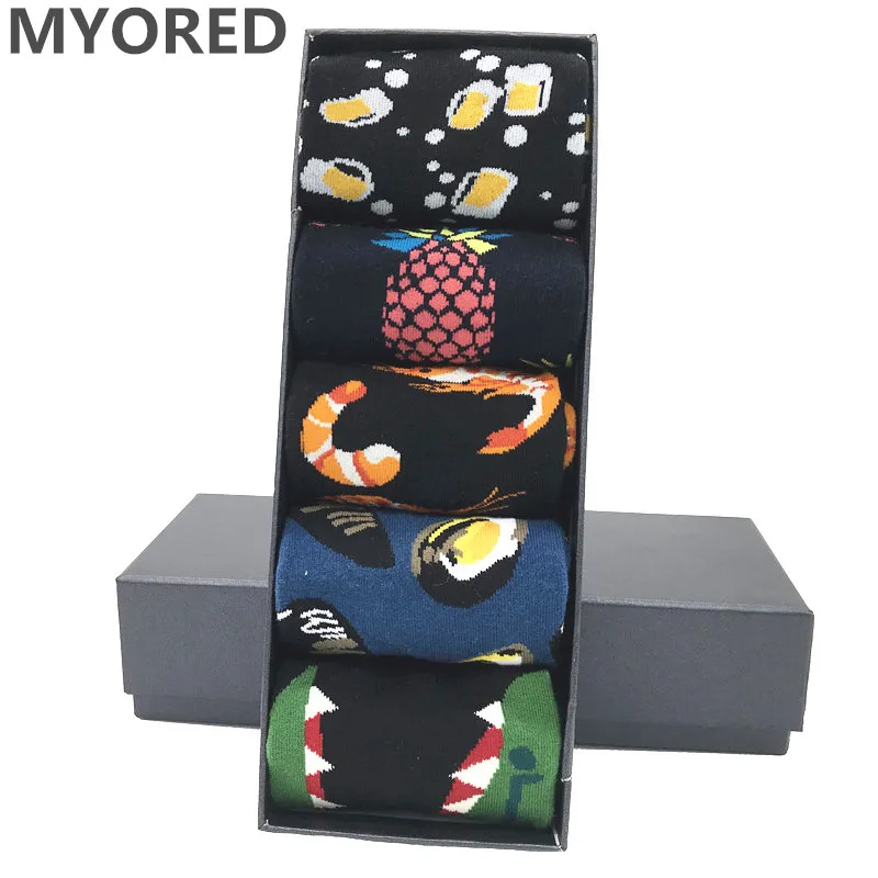 MYORED, 5 пара/лот, мужские носки, новинка, популярная морская еда, животные, фрукты, мультяшный стиль, цветные, забавные, длинные носки для мужчин, одежда без коробки