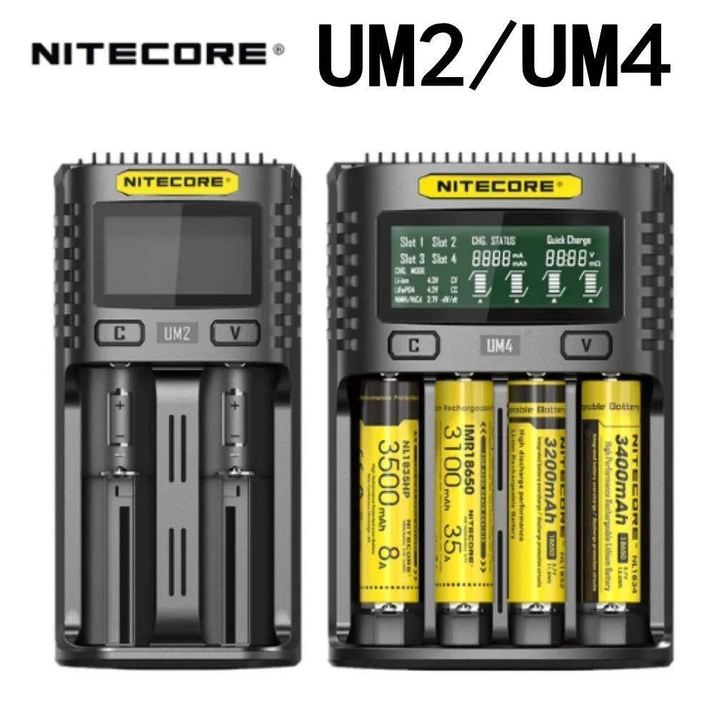 Prix NITECORE UM2 UM4 Automatique Universel Chargeur Rapide USB Intelligent Double Slot Chargeur LCD Affichage Li ion Batterie IMR 18650 21700
