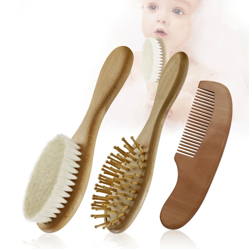 2022 Fashion Wooden Baby Brush Comb Natural Wool Newborn Infant Head  Massager Hair Brush Portable Kids Hair Bath Brush Comb