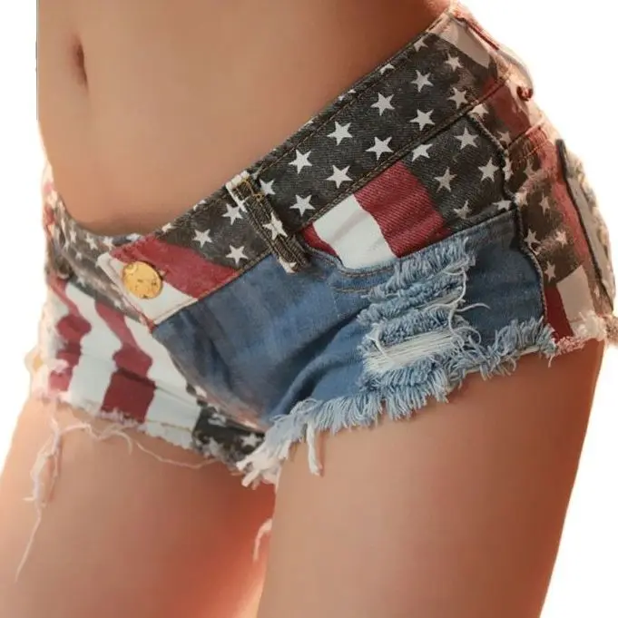 

Woman Low Waist denim Jean Shorts Stripes Stars USA flag Printed Hole Hot Jean Shorts S-2XL 388#