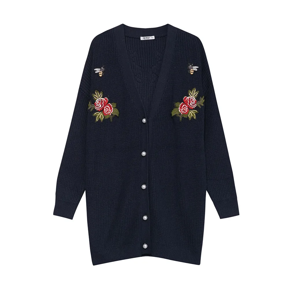 Dark Blue Metersbonwe, вязаный кардиган, женский, длинный, толстый, свитер, для женщин, на осень и зиму, с цветочной вышивкой, одежда, модный кардиган - Цвет: Dark Blue