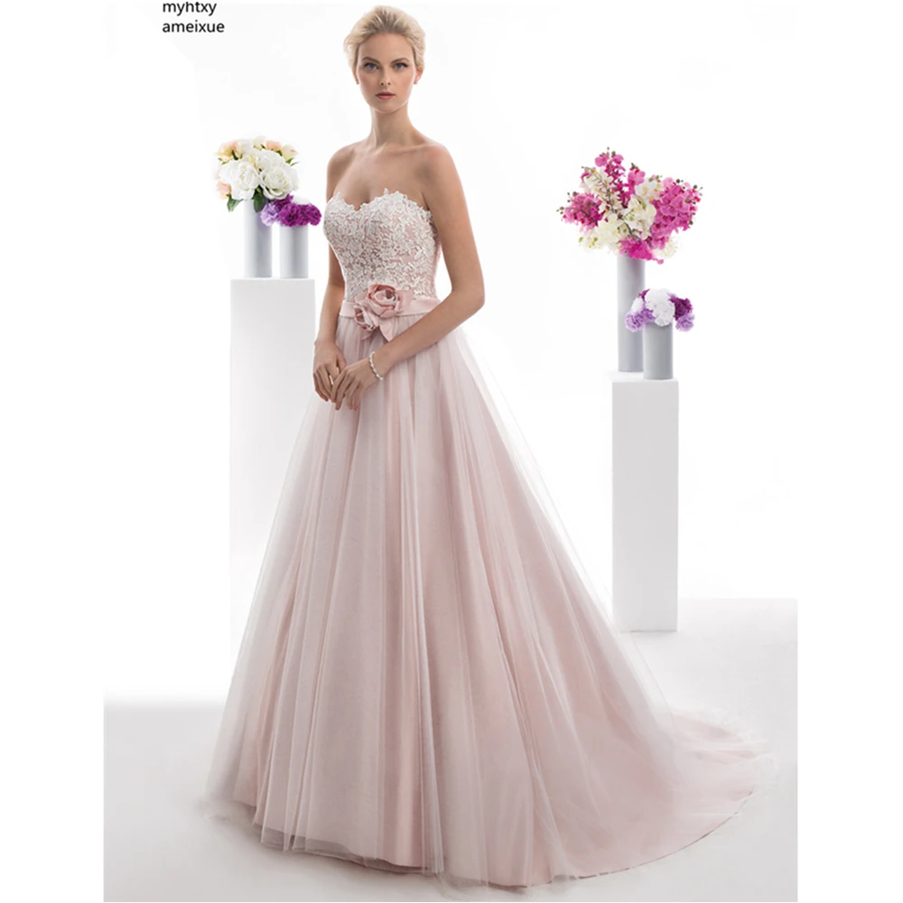 

Sleeveless Tulle Sweetheart Sweep Train Floor-length Lace Up Sexy A-line Boho Plus Size Wedding Dress 2019 Summer Flowers Sashes