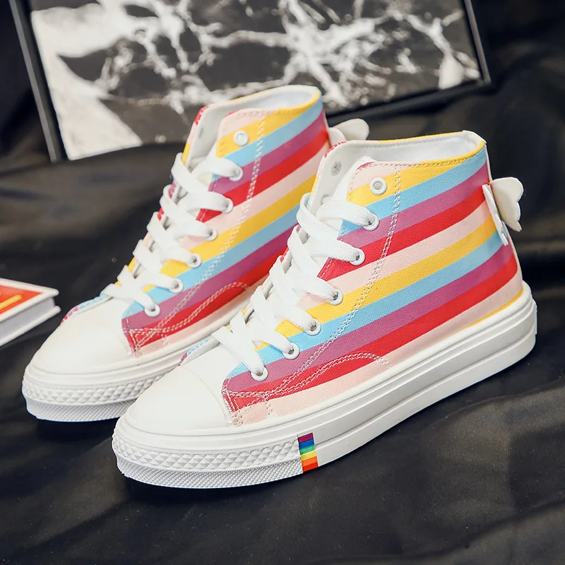 

2019 autumn new high-top canvas shoes large size women's shoes butterfly rainbow casual shoes lace-up shoes fashion wild single