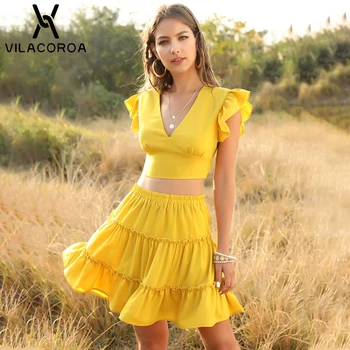 

Deep V Neck Crop Tops Women Lace Up Bandage Cutout Tops Open Back Ruffle Vest Bohemian Yellow Short Skirt Two Piece Dress Female