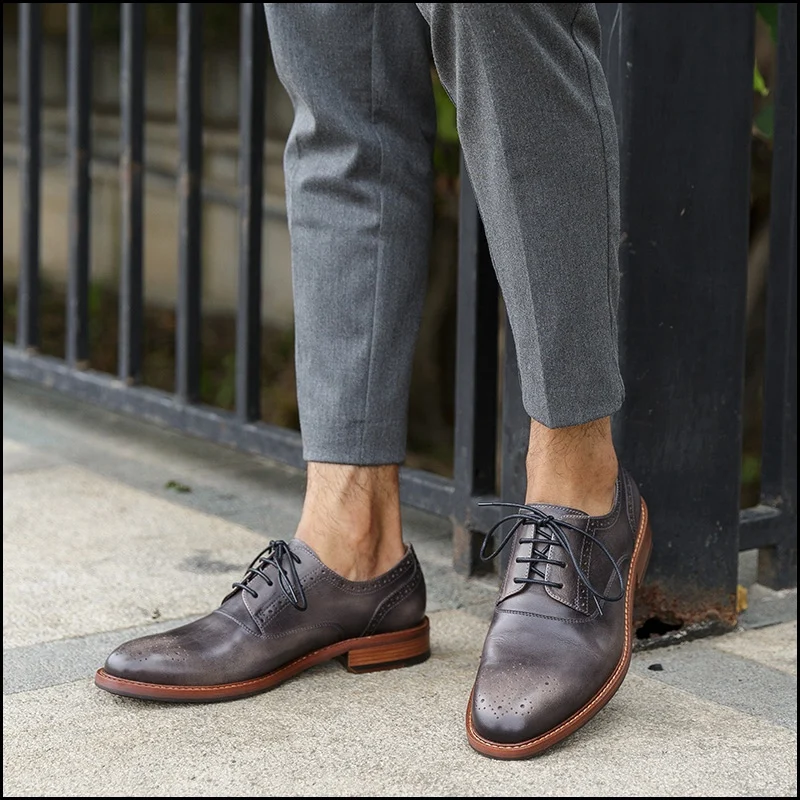 New Summer Round Toe Laces Man Formal Dress Shoes Genuine Leather Party Oxfords Handmade Men's Breathable Brogues Flats NHS269